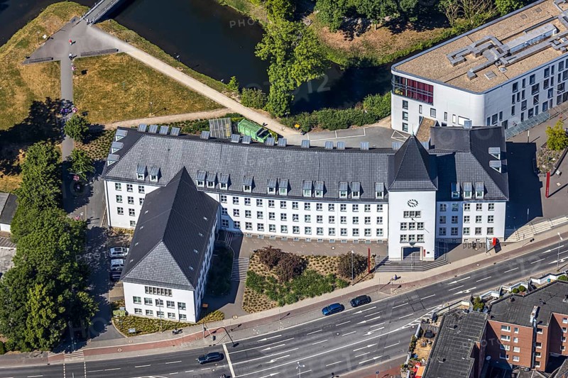 Aerial view, town hall Mörs, Stadtgraben, Unterwallstraße, Mörs, Ruhr area, North Rhine-Westphalia, Germany, DE, Europe, birds-eyes, view, aerial photography, aerial photography, overview, bird's eye view, citizen's office, citizens' office, identity card, passport, driving licence, registry office, registry office, town hall