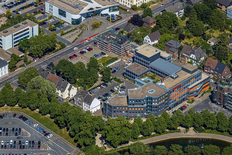 Aerial view, Sparkasse Ostring, scaffolding building Wilhelm-Schroeder-Straße 1, Mörs, Ruhr area, North Rhine-Westphalia, Germany, DE, Europe, birds-eyes, view, aerial photography, aerial photography, overview, overview, bird's eye view, bank, money, interest, capital, loan, money economy, stock exchange, investor, means of payment, finance