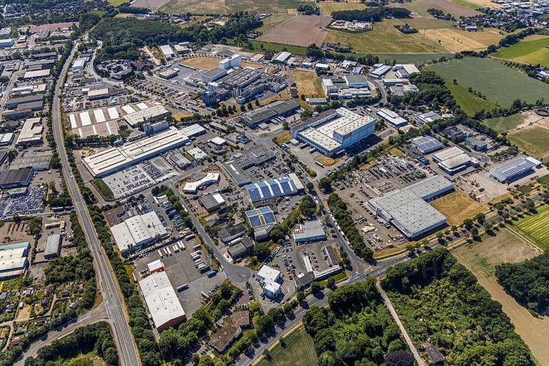 Aerial view, commercial area Moers-Hülsdonk, industrial area, Repelener Straße, Rheurdter Straße, Mörs, Ruhr area, North Rhine-Westphalia, Germany, DE, Europe, birds-eyes, view, aerial photograph, aerial photography, aerial photography, overview, overview, bird's eye view, industry, trade, economy, commercial enterprise, production, trade, manufacturing