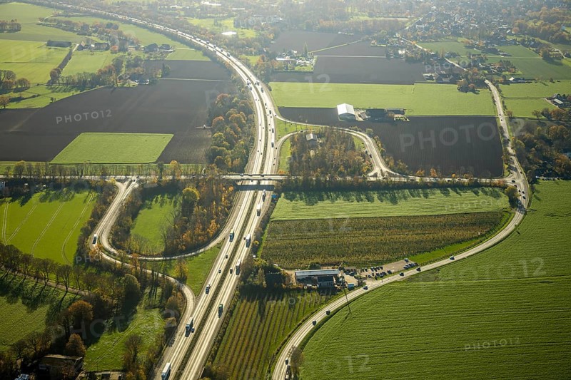 Aerial view, motorway A57, junction Moers-Kapellen, Kapellen-Achterathsheide, Mörs, Ruhr area, North Rhine-Westphalia, Germany, junction, DE, Europe, aerial view, aerial photography, aerial photography, overview, bird's-eye view, meadows and fields, birds-eyes view, overview
