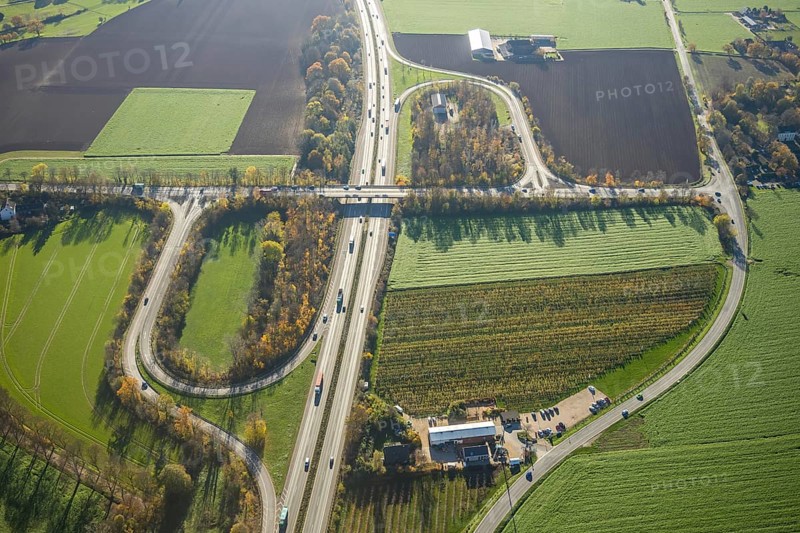 Aerial view, motorway A57, junction Moers-Kapellen, Kapellen-Achterathsheide, Mörs, Ruhr area, North Rhine-Westphalia, Germany, junction, DE, Europe, aerial view, aerial photography, aerial photography, overview, bird's-eye view, meadows and fields, birds-eyes view, overview