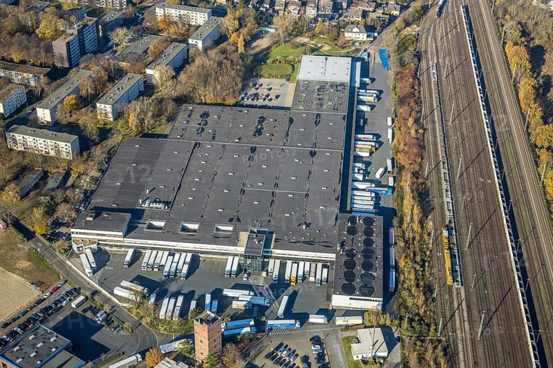Aerial photo, Edeka logistics centre, Moers-Asberg, Mörs, Ruhr area, North Rhine-Westphalia, Germany, Chemnitzer Straße, DE, Europe, freight transport, logistics, logistics service, logistics provider, logistics centre, aerial photo, aerial photography, aerial photography, freight forwarding, transport, transport service, overview, bird's-eye view, overview