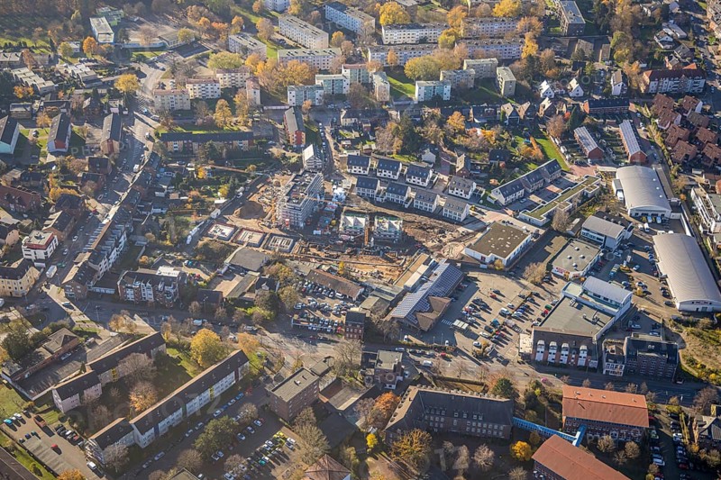 Aerial view, construction site, new housing estate Teutonenstraße, Mörs, Ruhr area, North Rhine-Westphalia, Germany, construction work, construction, construction area, building site, building plots, construction project, construction site, DE, Europe, property tax, real estate, aerial view, aerial photography, aerial photography, new construction, overview, bird's eye view, residential complex, living and living, residential area, residential buildings, residential quality, residential neighbourhood, housing estate, birds-eyes view, overview