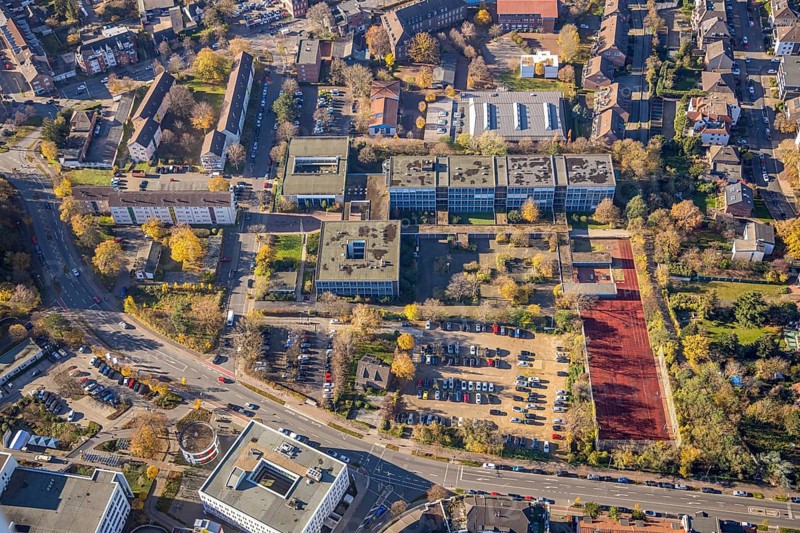 Aerial photo, Mercator Berufskolleg, Mörs, Ruhr area, North Rhine-Westphalia, Germany, An der Berufsschule, vocational school, education, educational institution, DE, Europe, college school, teaching institute, aerial photo, aerial photography, aerial photography, school, overview, bird's eye view, birds-eyes view, overview