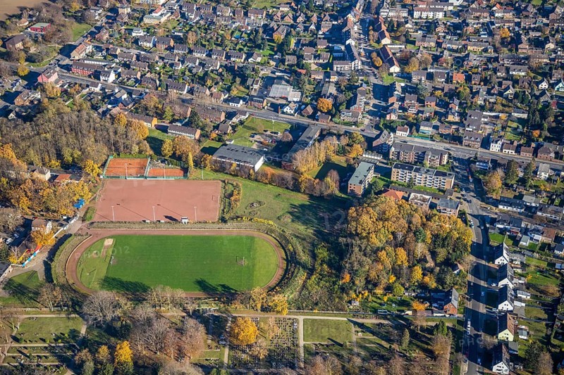 Aerial view, sports field Rheinpreußenstadion, Rheinkamp-Meerbeck, Mörs, Ruhr area, North Rhine-Westphalia, Germany, DE, Europe, football field, football stadium, football club, aerial view, aerial photography, aerial photography, sports, sports facilities, sports field, sports facility, stadium, overview, bird's-eye view, overview