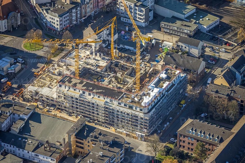 Aerial view, construction site new building Homberger Höfe, flats and commercial areas, formerly Horten, Mörs, Ruhr area, North Rhine-Westphalia, Germany, construction work, construction, construction area, construction site, building plots, construction crane, construction project, construction site, DE, Europe, commercial buildings, property tax, Homberger Straße, real estate, aerial view, aerial photography, aerial photography, new building, overview, bird's eye view, residential complex, living and living, residential area, residential buildings, birds-eyes view, overview