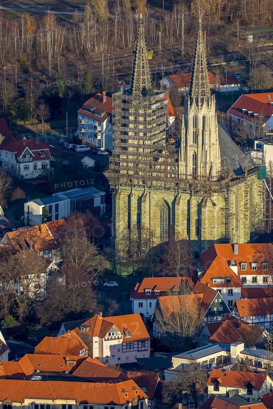 Aerial view, old town, protestant church Sankt Maria zur Wiese, renovation, Soest, Soester Börde, North Rhine-Westphalia, Germany, place of worship, DE, Europe, religious community, place of worship, holy place, church, parish, denomination, aerial view, aerial photography, aerial photography, religion, religious site, renovation, overview, bird's-eye view, Wiesenstraße, birds-eyes view, overview