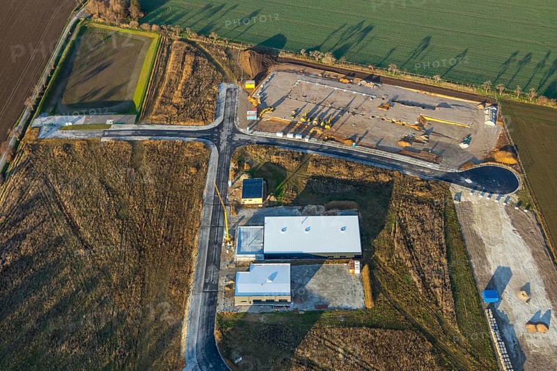 Aerial view, construction site, new building, industrial estate Wasserfuhr, Gebrüder-Ernst-Straße, Opmünder Weg, federal road B475, Soest, Soester Börde, North Rhine-Westphalia, Germany, construction work, construction, construction area, building site, building plots, construction project, construction site, DE, Europe, commercial enterprises, commercial area, commercial area, commercial park, commercial location, commercial use, industrial area, industrial building, industrial location, aerial view, aerial photography, aerial photography, new construction, overview, bird's-eye view, overview