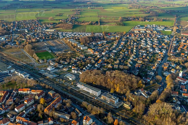 Aerial view, building site Werkstraße for commercial development, sports ground Jahnplatz, Soest, Soester Börde, North Rhine-Westphalia, Germany, construction, building area, building site, building plots, construction project, construction site, DE, Europe, football pitch, football stadium, football club, aerial view, aerial photography, aerial photography, SV Jahn, sports, sports facilities, sports ground, sports facility, overview, bird's eye view, birds-eyes view, overview