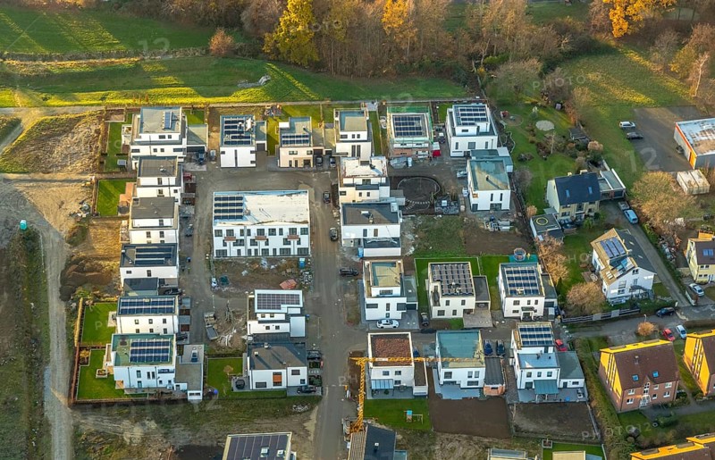 Aerial view, construction area Belgian Quarter, new residential area, Soest, Soester Börde, North Rhine-Westphalia, Germany, construction work, construction, construction area, building site, building plots, construction project, construction site, DE, Europe, distant view, flat roofs, property tax, real estate, aerial view, aerial photography, aerial photography, Meininger Weg, new construction, overview, bird's eye view, meadows and fields, living and living, residential area, residential buildings, birds-eyes view, overview