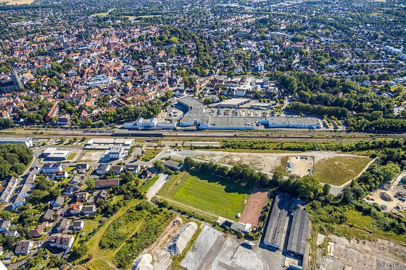 Aerial view, development area of the industrial wasteland at Teinenkamp in Soest, wasteland north of Soest main railway station, industrial wasteland, Soest, Soester Börde, North Rhine-Westphalia, Germany, DE, Europe, birds-eyes view, aerial photograph, aerial photography, overview, bird's eye view