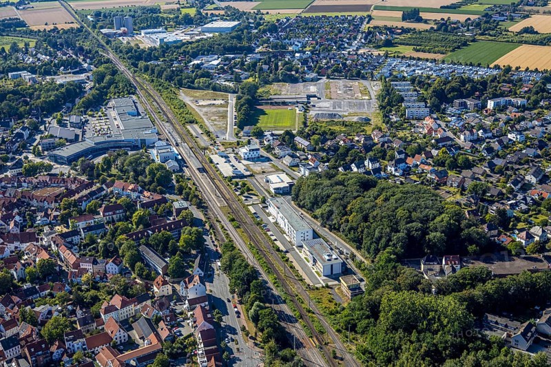 Aerial view, development area of the industrial wasteland at Teinenkamp in Soest, wasteland north of Soest main railway station, industrial wasteland, Soest, Soester Börde, North Rhine-Westphalia, Germany, DE, Europe, birds-eyes view, aerial photograph, aerial photography, overview, bird's eye view