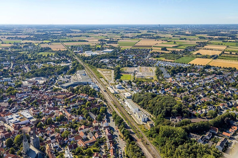Aerial view, development area of the industrial wasteland at Teinenkamp in Soest, wasteland north of Soest main railway station, industrial wasteland, Soest, Soester Börde, North Rhine-Westphalia, Germany, DE, Europe, birds-eyes view, aerial photograph, aerial photography, overview, bird's eye view
