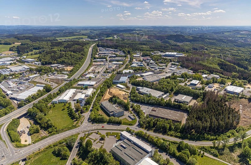 Aerial view, motorway A45, commercial area Darmche, Meinerzhagen, Märkischer Kreis, Sauerland, North Rhine-Westphalia, Germany, motorway, motorway junction Meinerzhagen, DE, Europe, commercial enterprises, commercial area, commercial park, commercial location, commercial use, industrial area, industrial location, aerial photograph, aerial photography, aerial photography, overview, bird's-eye view, bird's-eye view, overview