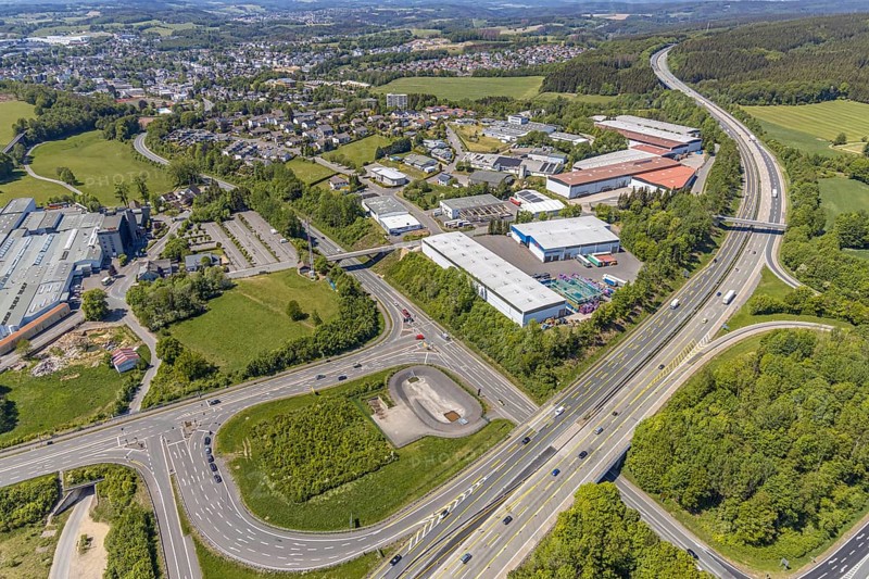 Aerial view, motorway A45, commercial area Darmche, Meinerzhagen, Märkischer Kreis, Sauerland, North Rhine-Westphalia, Germany, motorway, motorway junction Meinerzhagen, DE, Europe, commercial enterprises, commercial area, commercial park, commercial location, commercial use, industrial area, industrial location, aerial photograph, aerial photography, aerial photography, overview, bird's-eye view, bird's-eye view, overview