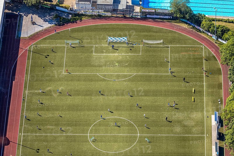 Aerial photo, Baumhofstadion, training games, Niedersprockhövel, Sprockhövel, Ruhr area, North Rhine-Westphalia, Germany, Corona measures, DE, Ennepe-Ruhr-Kreis, Europe, football pitch, football stadium, aerial photography, aerial photography, aerial photography, sports, sports facilities, sports field, sports facility, training sessions, training grounds, overview, bird's eye view, bird's eye view, overview