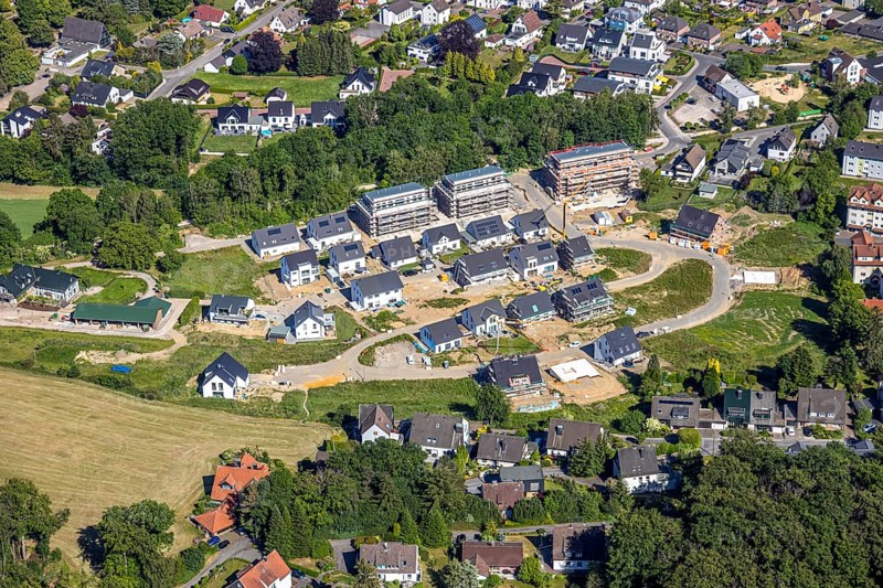 Aerial view, new residential area Steinegge, Riepelsiepen, Niedersprockhövel, Sprockhövel, Ruhr area, North Rhine-Westphalia, Germany, DE, Ennepe-Ruhr-Kreis, Europe, property tax, real estate, aerial view, aerial photography, aerial photography, overview, bird's eye view, residential complex, living and living, residential area, residential buildings, residential quality, residential neighbourhood, housing estate, birds-eyes view, overview