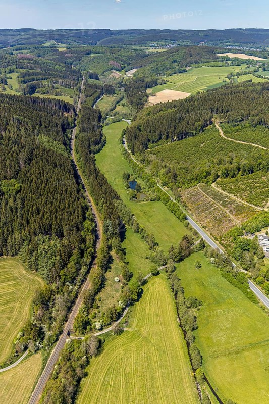Aerial view, forest area Listertal, Meinerzhagen, Märkischer Kreis, Sauerland, North Rhine-Westphalia, Germany, DE, Europe, Listerstraße, aerial view, aerial photography, aerial photography, overview, bird's-eye view, forest area, forest dieback, birds-eyes view, overview