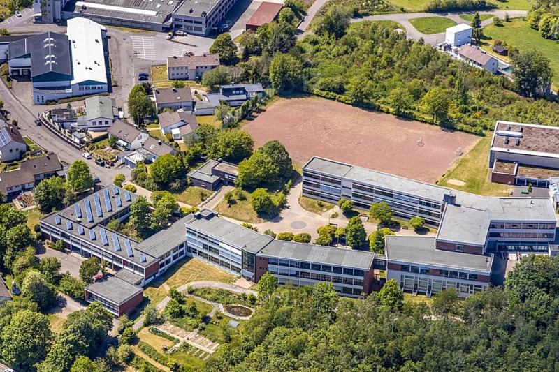 Aerial photo, Evangelisches Gymnasium, sports field, Meinerzhagen, Märkischer Kreis, Sauerland, North Rhine-Westphalia, Germany, education, educational institution, DE, Europe, grammar school, teaching institute, aerial photo, aerial photography, aerial photography, school, sports, sports facilities, sports facility, overview, bird's eye view, bird's eye view, overview