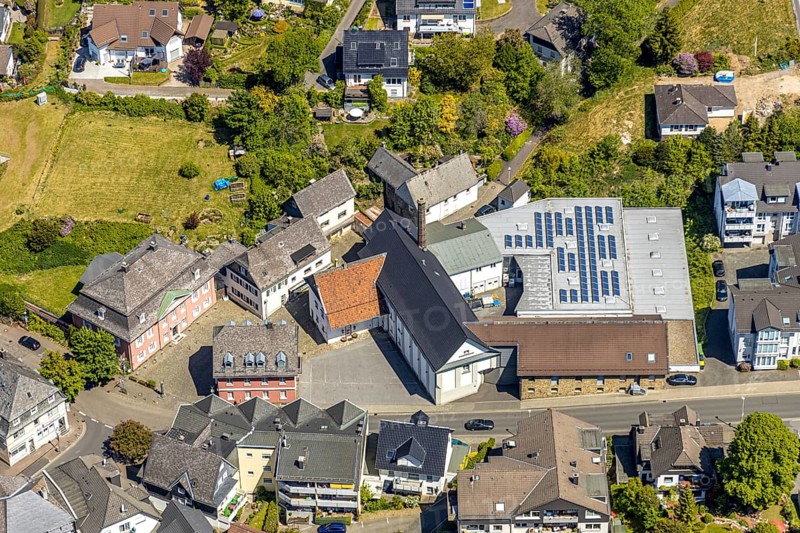 Aerial view, company building Krugmann Markenspirituosen GmbH, Meinerzhagen, Märkischer Kreis, Sauerland, North Rhine-Westphalia, Germany, DE, Europe, commercial enterprises, commercial space, commercial location, commercial use, aerial photograph, aerial photography, aerial photography, overview, bird's-eye view, birds-eyes view, overview