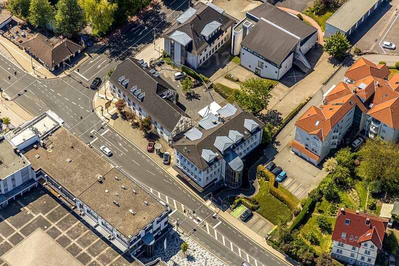 Aerial photograph, Stadtwerke Meinerzhagen GmbH, Mark-E Forum Meinerzhagen, Meinerzhagen, Märkischer Kreis, Sauerland, North Rhine-Westphalia, Germany, Bahnhofstraße, DE, energy supplier, energy industry, Europe, aerial photograph, aerial photography, aerial photography, electricity supply company, overview, bird's-eye view, bird's-eye view, overview