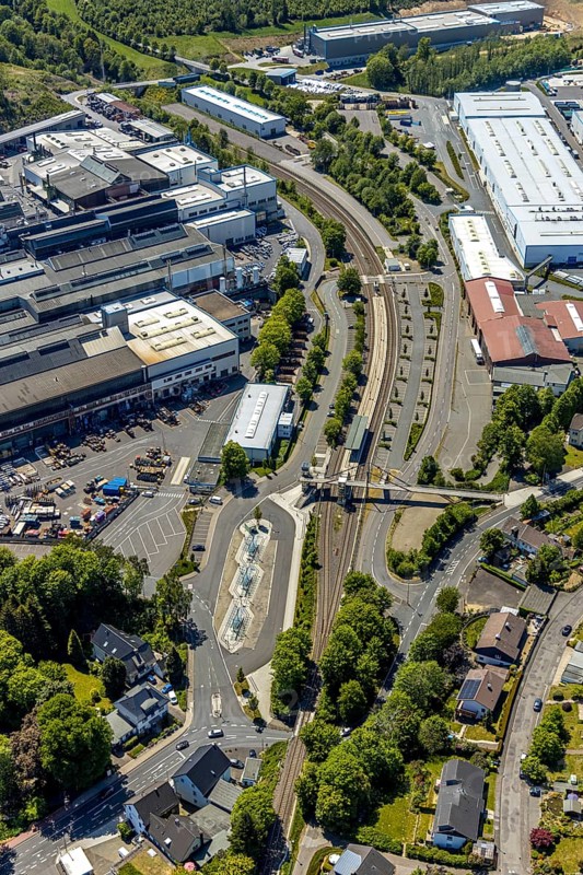 Aerial view, Meinerzhagen railway station, Meinerzhagen, Märkischer Kreis, Sauerland, North Rhine-Westphalia, Germany, railway tracks, railway station, station forecourt, DE, Deutsche Bahn AG, Europe, aerial view, aerial photography, aerial photography, overview, bird's-eye view, overview