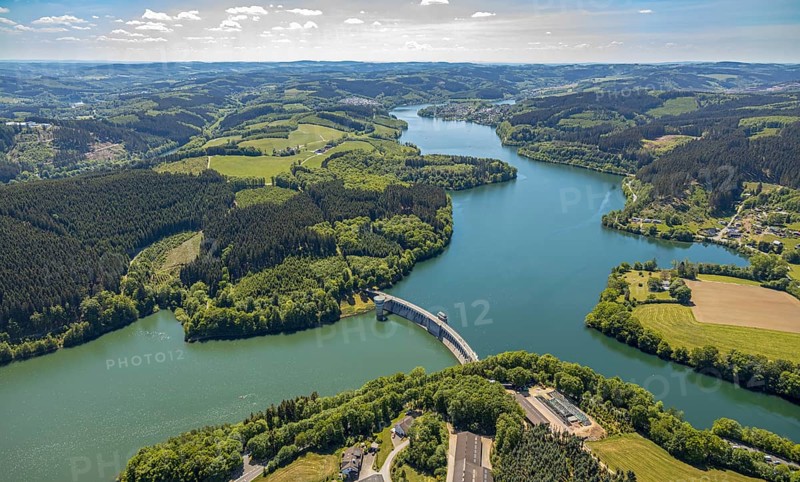 Aerial view, Lister dam, Meinerzhagen, Märkischer Kreis, Sauerland, North Rhine-Westphalia, Germany, DE, Europe, hilly landscape, aerial view, aerial photography, aerial photography, lake, sight, Lister storage power station, dam wall, dam, tower, overview, bird's-eye view, meadows and fields, birds-eyes view, overview