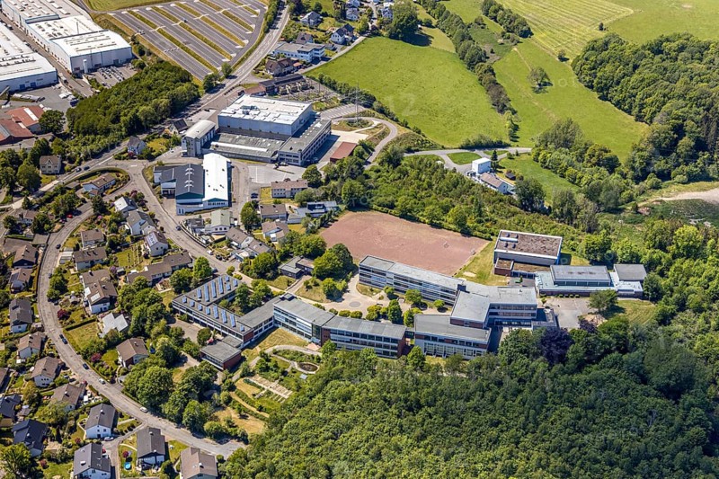 Aerial photo, Evangelisches Gymnasium, sports field, Meinerzhagen, Märkischer Kreis, Sauerland, North Rhine-Westphalia, Germany, education, educational institution, DE, Europe, grammar school, teaching institute, aerial photo, aerial photography, aerial photography, school, sports, sports facilities, sports facility, overview, bird's eye view, bird's eye view, overview