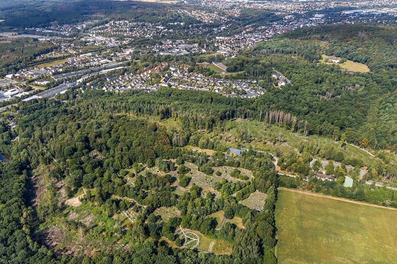 Aerial view, forest cemetery Am Limberg, view of Rauherfeld and Menden, Menden, Sauerland, Märkischer Kreis, North Rhine-Westphalia, Germany, burial ground, DE, Europe, cemetery, memorial, Gottesacker, graves, burial ground, aerial photograph, aerial photography, aerial photography, resting place, overview, bird's-eye view, forest area, birds-eyes view, cleared forest areas, overview