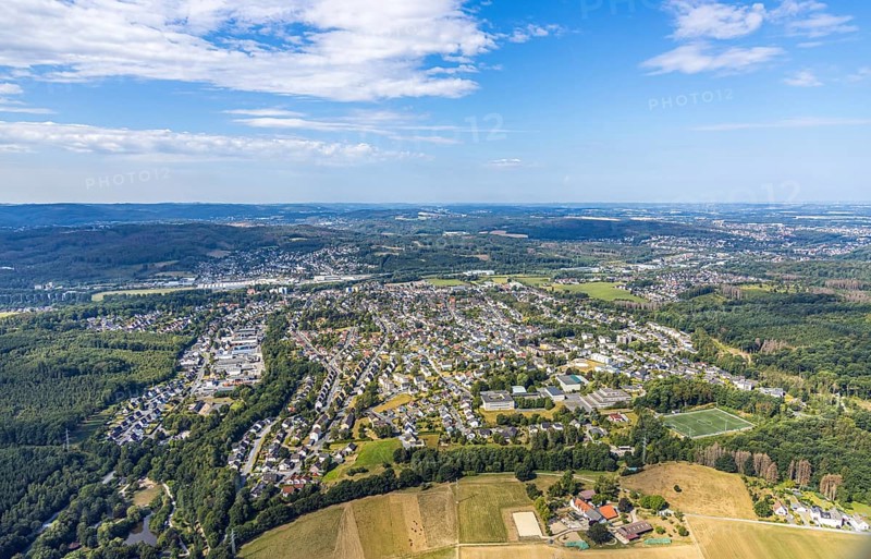 Aerial view, view of Lendringsen, Bieberhof boarding stable, Menden, Sauerland, Märkischer Kreis, North Rhine-Westphalia, Germany, Bieberhof, federal road B515, DE, Europe, distant view, commercial enterprises, commercial area, commercial location, commercial use, property tax, real estate, industrial area, industrial site, aerial view, aerial photography, aerial photography, horses, horse boarding, equestrian sports, horse breeding, overview, bird's-eye view, wooded area, meadows and fields, residential area, housing and living, residential area, residential buildings, residential quality, residential neighbourhood, housing estate, birds-eyes view, overview