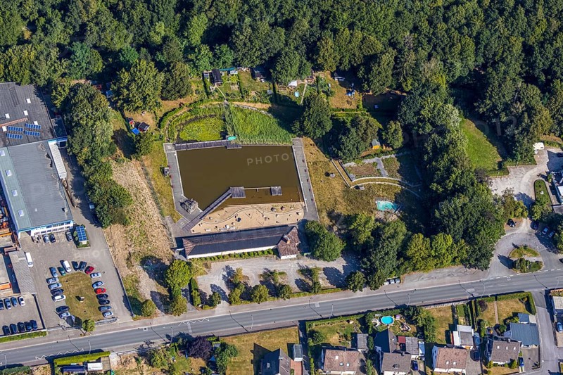 Aerial view, former natural swimming pool Biebertal, Menden, Sauerland, Märkischer Kreis, North Rhine-Westphalia, Germany, bathing resort, DE, Europe, outdoor swimming pool, garden friends Biebertal, aerial view, aerial photography, aerial photography, swimming pool, swimming pool, overview, bird's-eye view, overview