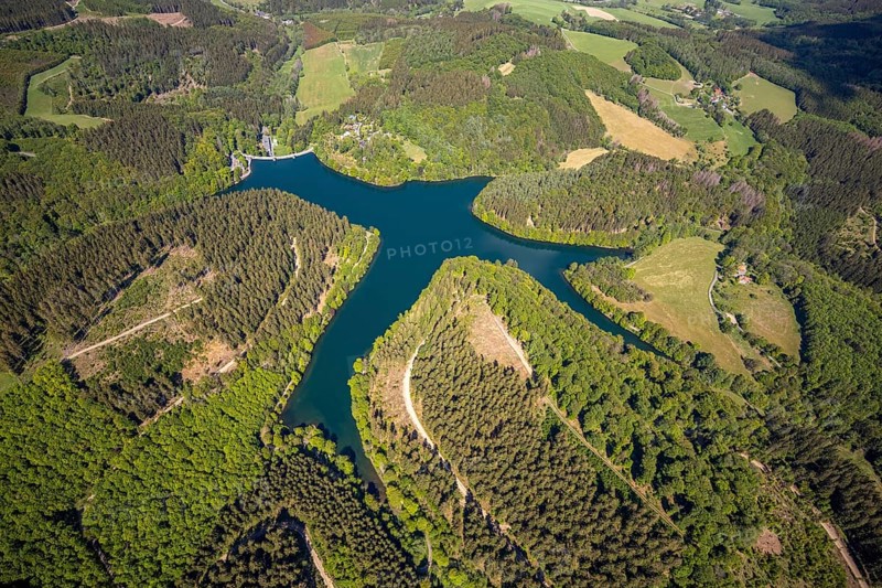 Aerial view, Fürwiggetalsperre, Meinerzhagen, Märkischer Kreis, Sauerland, North Rhine-Westphalia, Germany, DE, Europe, shapes and colours, hilly landscape, aerial view, aerial photography, aerial photography, lake, sight, dam wall, reservoir, overview, bird's-eye view, forest area, meadows and fields, birds-eyes view, overview