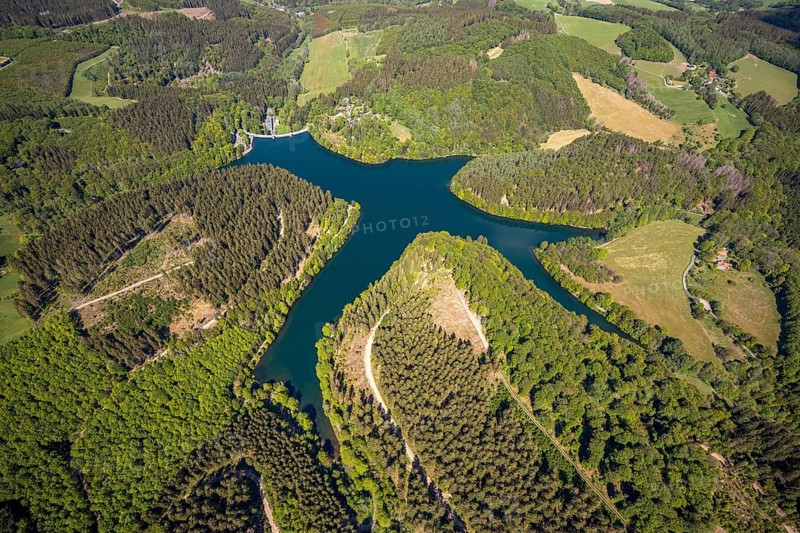 Aerial view, Fürwiggetalsperre, Meinerzhagen, Märkischer Kreis, Sauerland, North Rhine-Westphalia, Germany, DE, Europe, shapes and colours, hilly landscape, aerial view, aerial photography, aerial photography, lake, sight, dam wall, reservoir, overview, bird's-eye view, forest area, meadows and fields, birds-eyes view, overview
