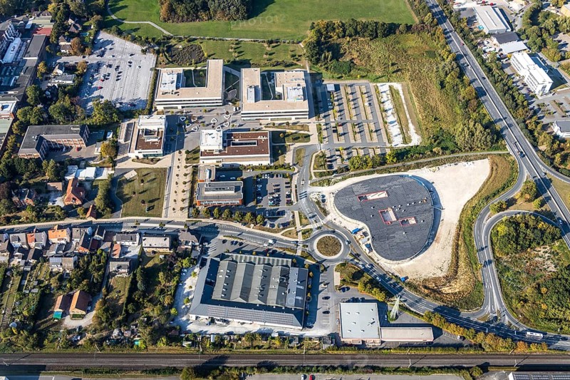 Aerial photograph, Campus Lippstadt, Hamm-Lippstadt University of Applied Sciences, Lippstadt, Soest district, North Rhine-Westphalia, Germany, education, educational institution, educational institute, DE, Dr.-Arnold-Hueck-Straße, Europe, research institute, Himmelreich, university, Soest-Buch district, Soest-Buch district, educational institute, aerial photograph, aerial photography, aerial photography, overview, bird's-eye view, bird's-eye view, overview