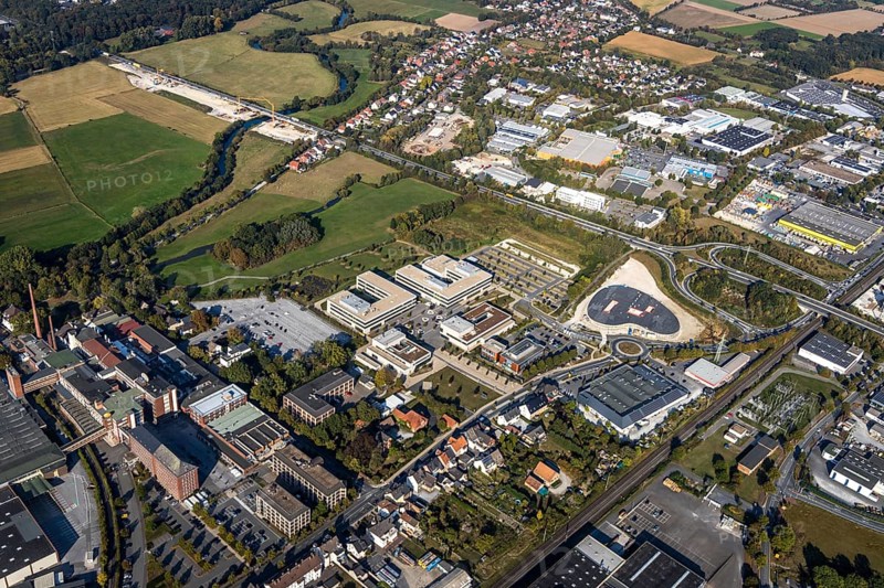 Aerial view, Campus Lippstadt, Hamm-Lippstadt University of Applied Sciences, Am Mondschein industrial estate, Lippstadt, Soest district, North Rhine-Westphalia, Germany, education, educational institution, educational institute, DE, Dr.-Arnold-Hueck-Straße, Europe, research institute, commercial enterprises, commercial area, commercial area, commercial park, commercial location, commercial use, Himmelreich, university, industrial area, industrial building, industrial location, Kreis-Soest-Buch, KreisSoestBuch, educational institute, aerial view, aerial photography, aerial photography, overview, bird's-eye view, overview
