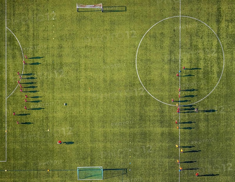 Aerial view, sports facility, SV Lippstadt 08 stadium, Liebelt-Arena, football players training, Lippstadt, Soest district, North Rhine-Westphalia, Germany, distance rule, arena, corona measures, corona virus, DE, Europe, shapes and colours, football field, football pitch, football stadium, football club, hygiene measures, Kreis-Soest-Buch, KreisSoestBuch, aerial view, aerial photography, aerial photography, shadow casting, sports, sports facilities, sports field, sports facility, stadium, Stadion Am Bruchbaum, overview, bird's-eye view, Wiedenbrücker Straße, birds-eyes view, overview