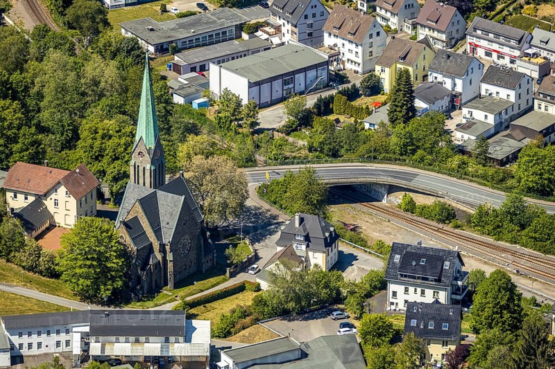 Aerial view, Church of the Holy Cross Brügge, Lüdenscheid, Märkischer Kreis, Sauerland, North Rhine-Westphalia, Germany, place of worship, DE, Europe, religious community, place of worship, church, parish, denomination, aerial photography, aerial photography, aerial photography, religion, overview, bird's-eye view, overview