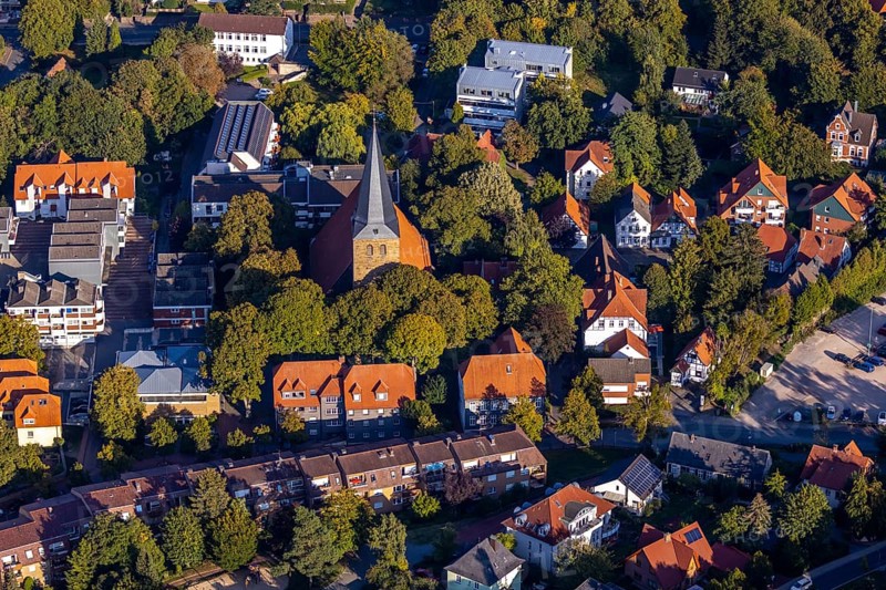 Aerial view, St. Andrew's Lutheran Church, Lübbecke, East Westphalia-Lippe, OWL, North Rhine-Westphalia, Germany, place of worship, DE, Europe, religious community, place of worship, sacred site, church, parish, churchyard, denomination, aerial photograph, aerial photography, aerial photography, OWL book, OWL book, East Westphalia, religion, religious site, overview, bird's-eye view, birds-eyes view, overview