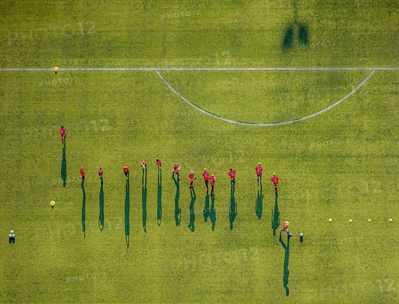Aerial view, sports facility, SV Lippstadt 08 stadium, Liebelt-Arena, football players training, Lippstadt, Soest district, North Rhine-Westphalia, Germany, distance rule, arena, corona measures, corona virus, DE, Europe, shapes and colours, football field, football pitch, football stadium, football club, hygiene measures, Kreis-Soest-Buch, KreisSoestBuch, aerial view, aerial photography, aerial photography, shadow casting, sports, sports facilities, sports field, sports facility, stadium, Stadion Am Bruchbaum, overview, bird's-eye view, Wiedenbrücker Straße, birds-eyes view, overview