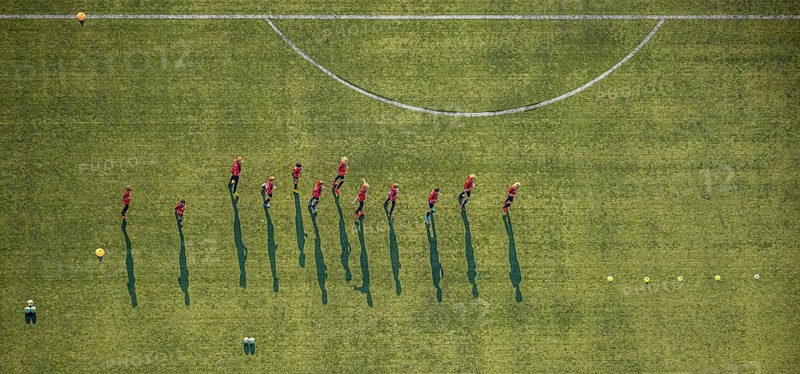 Aerial view, sports facility, SV Lippstadt 08 stadium, Liebelt-Arena, football players training, Lippstadt, Soest district, North Rhine-Westphalia, Germany, distance rule, arena, corona measures, corona virus, DE, Europe, shapes and colours, football field, football pitch, football stadium, football club, hygiene measures, Kreis-Soest-Buch, KreisSoestBuch, aerial view, aerial photography, aerial photography, shadow casting, sports, sports facilities, sports field, sports facility, stadium, Stadion Am Bruchbaum, overview, bird's-eye view, Wiedenbrücker Straße, birds-eyes view, overview