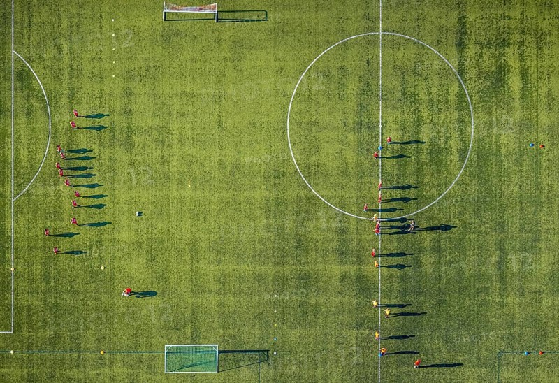 Aerial view, sports facility, SV Lippstadt 08 stadium, Liebelt-Arena, football players training, Lippstadt, Soest district, North Rhine-Westphalia, Germany, distance rule, arena, corona measures, corona virus, DE, Europe, shapes and colours, football field, football pitch, football stadium, football club, hygiene measures, Kreis-Soest-Buch, KreisSoestBuch, aerial view, aerial photography, aerial photography, shadow casting, sports, sports facilities, sports field, sports facility, stadium, Stadion Am Bruchbaum, overview, bird's-eye view, Wiedenbrücker Straße, birds-eyes view, overview