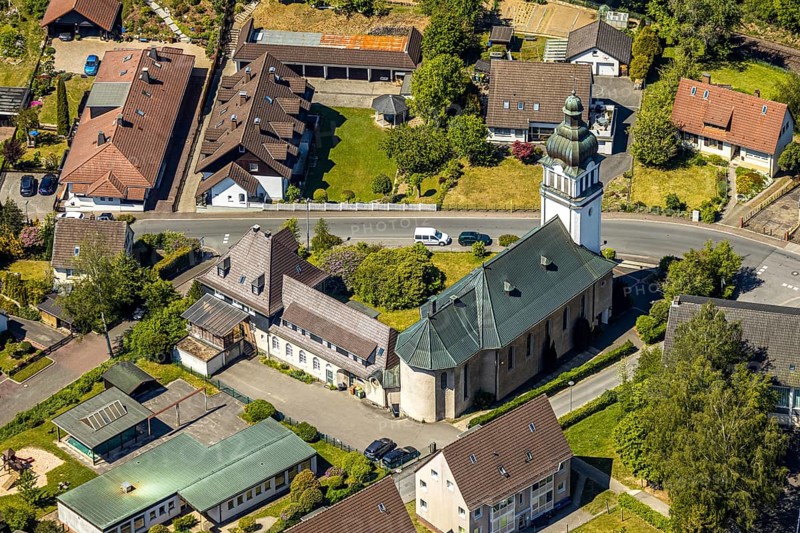Aerial view, St Paul's Catholic Church, Lüdenscheid, Märkischer Kreis, Sauerland, North Rhine-Westphalia, Germany, place of worship, DE, Europe, religious community, place of worship, parish, denomination, aerial photograph, aerial photography, aerial photography, religion, overview, bird's-eye view, overview