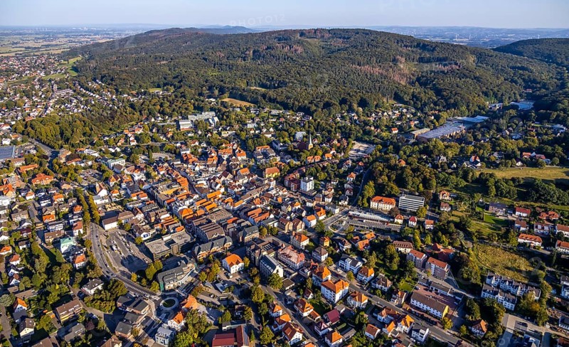 Aerial view, Wiehengebirge, local view, evang.luth. St. Andreas-Kirche, Lübbecke, Ostwestfalen-Lippe, OWL, North Rhine-Westphalia, Germany, place of worship, education, educational institution, DE, Europe, religious community, place of worship, property tax, grammar school, holy place, real estate, church, church community, denomination, educational institute, aerial photograph, aerial photography, aerial photography, OWL-Buch, OWL-Buch, East Westphalia, Privatbrauerei Ernst Barre GmbH, religion, religious site, school, Städt. Wittekind Gymnasium, overview, bird's-eye view, housing estate, housing and living, residential area, residential buildings, residential quality, residential neighbourhood, housing estate, birds-eyes view, overview, red roofs