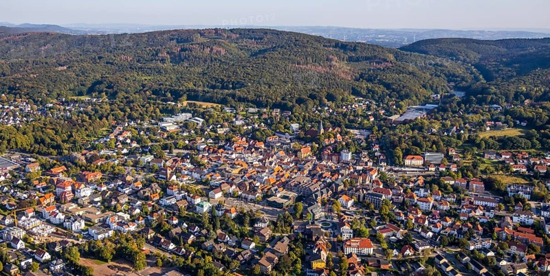 Aerial view, Wiehengebirge, local view, evang.luth. St. Andreas-Kirche, Lübbecke, Ostwestfalen-Lippe, OWL, North Rhine-Westphalia, Germany, place of worship, education, educational institution, DE, Europe, religious community, place of worship, property tax, grammar school, holy place, real estate, church, church community, denomination, educational institute, aerial photograph, aerial photography, aerial photography, OWL-Buch, OWL-Buch, East Westphalia, Privatbrauerei Ernst Barre GmbH, religion, religious site, school, Städt. Wittekind Gymnasium, overview, bird's-eye view, housing estate, housing and living, residential area, residential buildings, residential quality, residential neighbourhood, housing estate, birds-eyes view, overview, red roofs