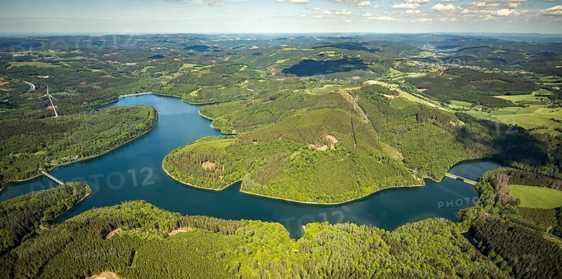 Aerial view, Verse dam, Klamer bridge, dam wall, forest area, Lüdenscheid, Märkischer Kreis, Sauerland, North Rhine-Westphalia, Germany, mountains and valleys, DE, Europe, distant view, hilly landscape, aerial view, aerial photography, aerial photography, dam, overview, verse, bird's-eye view, wind turbines, birds-eyes view, green lung, overview
