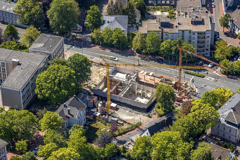 Aerial view, construction site of the new music school Lüdenscheid, Lüdenscheid, Märkischer Kreis, Sauerland, North Rhine-Westphalia, Germany, education, educational institution, DE, Europe, grammar school, teaching institute, aerial view, aerial photography, aerial photography, music school, school, Staberger Straße, overview, bird's-eye view, bird's-eye view, overview