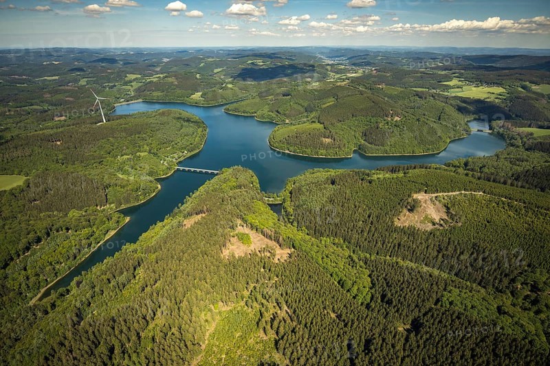 Aerial view, Verse dam, Klamer bridge, dam wall, forest area, Lüdenscheid, Märkischer Kreis, Sauerland, North Rhine-Westphalia, Germany, mountains and valleys, DE, Europe, distant view, hilly landscape, aerial view, aerial photography, aerial photography, dam, overview, verse, bird's-eye view, wind turbines, birds-eyes view, green lung, overview