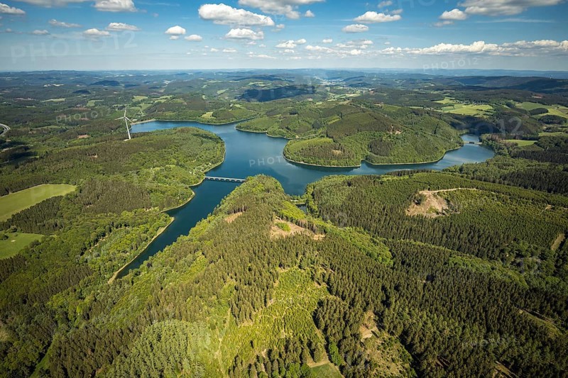 Aerial view, Verse dam, Klamer bridge, dam wall, forest area, Lüdenscheid, Märkischer Kreis, Sauerland, North Rhine-Westphalia, Germany, mountains and valleys, DE, Europe, distant view, hilly landscape, aerial view, aerial photography, aerial photography, dam, overview, verse, bird's-eye view, wind turbines, birds-eyes view, green lung, overview