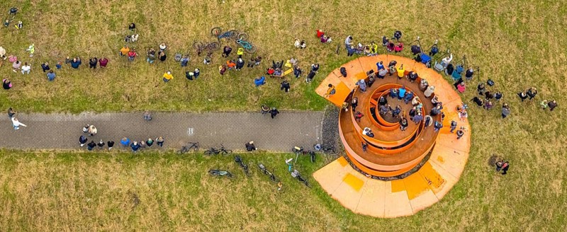 Aerial photo, thousands of spectators watched with great interest as the Gersteinwerk chimney was blown up half an hour late. The 282 metre high RWE chimney fell exactly into the prepared gravel bed. City limits of Werne, Hamm North Rhine-Westphalia, Germany