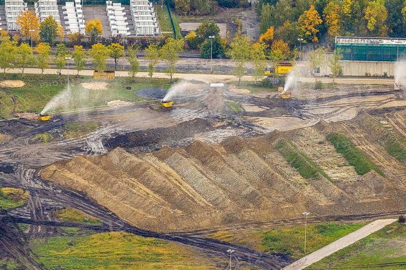 Aerial photo, thousands of spectators watched with great interest as the Gersteinwerk chimney was blown up half an hour late. The 282 metre high RWE chimney fell exactly into the prepared gravel bed. City limits of Werne, Hamm North Rhine-Westphalia, Germany